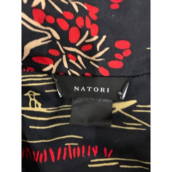 Natori Black Satin Cherry Blossom Floral Long Sleeve Button Up Shirt - Picture 10 of 13